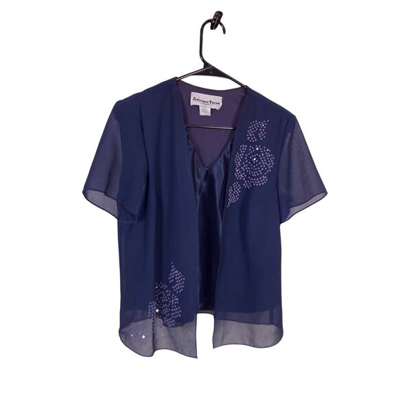 Vintage Another Thyme Purple Beaded Flower Sheer Blouse Women’s 12 Petite - Picture 1 of 5
